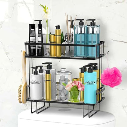 DINEST 2 Tier Over the Toilet Storage Shelf Rack Organizer, Sturdy Bathroom Organizer Shelves, Space Saver Multifunctional Wall Mounted Design, No Drilling Anti-Rust Bathroom - Black - color: Black