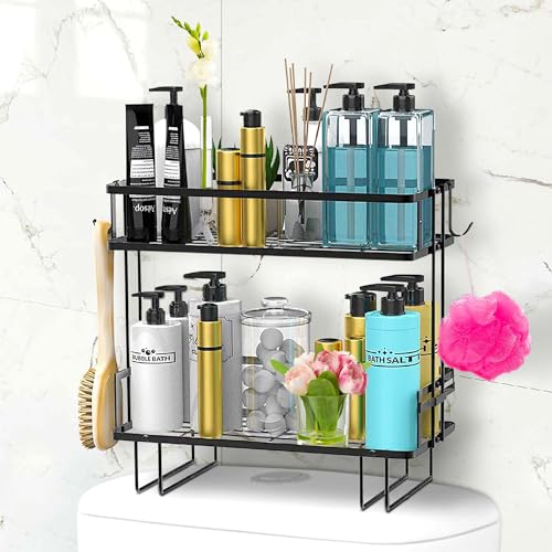 DINEST 2 Tier Over the Toilet Storage Shelf Rack Organizer, Sturdy Bathroom Organizer Shelves, Space Saver Multifunctional Wall Mounted Design, No Drilling Anti-Rust Bathroom - Black - color: Black