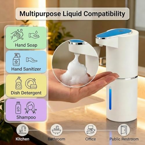 2 Pack Automatic Soap Dispenser, Touchless Electric Hand Sanitizer with 3 Gear Adjustable, Rechargeable 350ml with Infrared Motion Sensor IPX5 Waterproof for Kitchen, Bathroom, Office White Foam