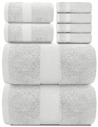 White Classic Luxury Bath Towel Set of 8 Pieces - 100% Turkish Cotton Highly Absorbent Towels for Bathroom, 2 Luxury Bath Towels 700GSM, 2 Hand Towels, 4 Washcloths, Silver - color: 06: Silver