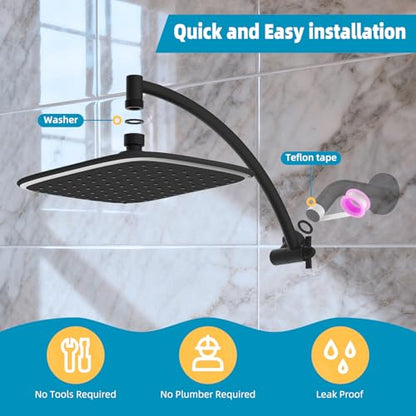 Rain Shower Head with 12" Metal Extension Arm, 10" High-Pressure Showerhead | Matte Black, Boosting Rainfall/Fixed Showerhead, Shower Head Extender Adjustable Height/Angle, 1-Min Easy to Install - color: Matte Black, size: 12 Inch