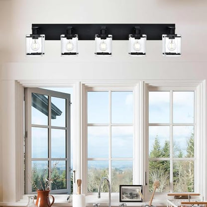 5-Light Modern Vanity Lighting, Black Bathroom Light Fixture Over Mirror with Rectangular Clear Glass,E26 Bulb Base - color: Black, Clear Glass, size: 5-Lights