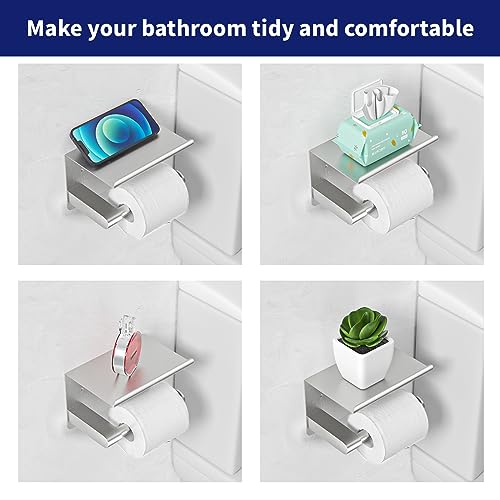 GLNLQ Brushed Nickel Toilet Paper Holder Wall Mount, Fits Mega Rolls Size Sliver Toilet Paper Holder with Shelf, Rustproof Stainless Steel Toilet Paper Roll Holder, Toilet Tissue Holder for Bathroom | Adhesive or Screw-in, Stainless Steel Material, Wall-M