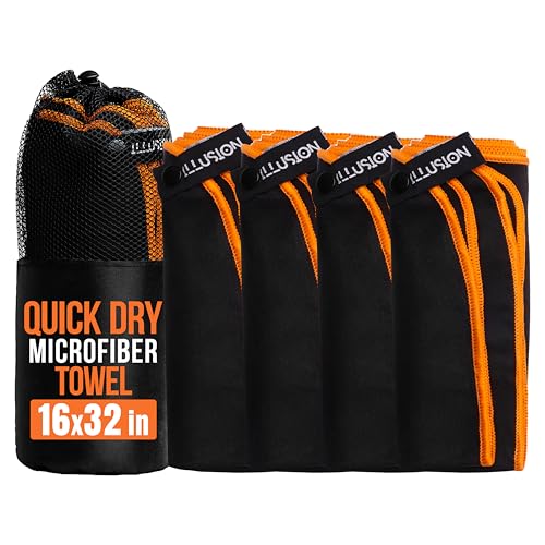 illusion Small Microfiber Gym Towels for Men and Women Active Sports (32" L x 16''W)-Lightweight Quick Dry Gym Towel for Sweat-Workout Towels Ideal for Yoga, Camping, Running, and Outdoor Activities - color: Black - Orange, size: 32x16 in - Pack of 4