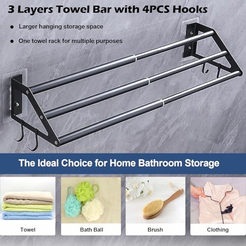 3-Layers Bathroom Towel Bar Wall Mounted, Adhesive Bath Towel Holder Rack | Stainless Steel, Adhesive or Screw-in, 13.5"-24.5" Adjustable Design, Black Hand Towel Rod with Hooks for Home Kitchen Toilet