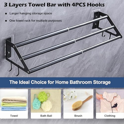3-Layers Bathroom Towel Bar Wall Mounted, Adhesive Bath Towel Holder Rack | Stainless Steel, Adhesive or Screw-in, 13.5"-24.5" Adjustable Design, Black Hand Towel Rod with Hooks for Home Kitchen Toilet