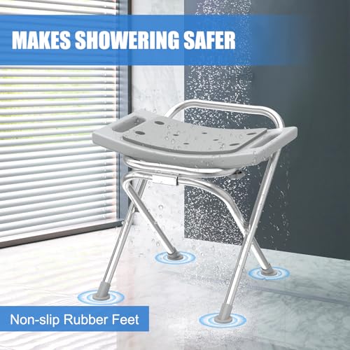 Folding Shower Chair Seat, 17.5" Stainless Steel Small Shower Chair for Inside Shower with Pad, 400lbs Portable Travel Shower Stool, Safety Anti-Slip Bath Chair for Seniors, Disabled, Gray