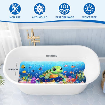 Baby Bath Mat for Tub Non Slip Kids Bath Mat - 40''x16'' Extra Long Cartoon Turtle Baby Bath Tub Mat Eco-Friendly Toddler Bath Mats with Suction Cups & Drain Holes, Easy to Clean & Easy Drying - color: A-small Turtle
