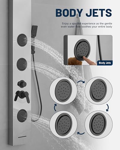 5 In 1 Shower Panel Brushed Nickel Shower Tower System | with Rainfall Waterfall Shower Head 3 Body Jets Handheld Shower Head and Tub Spout Modern Massage by Homevacious - color: Brushed Nickel
