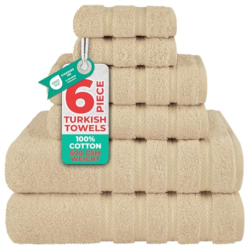 American Soft Linen 100% Cotton Luxury Turkish Towels, 6 Piece Towel Set | Soft Absorbent Quick Dry OEKO Tex Standard 100 Certificated Durable Machine Washable Premium Hotel Quality - color: Beige, size: (27"x54") + (16"x28") + (13"x13")