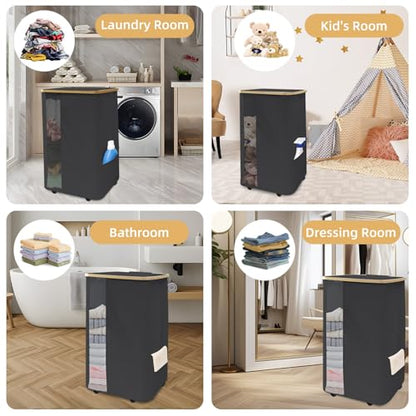 Rolling Laundry Hamper with Lid & Wheels, 110L Slim Double Black Laundry Hamper 2 Section, Narrow Large Laundrys Hampers with Removable Bags&Breathable Mesh, Dirty Clothes Hampers for Bedroom - color: 110L-Black