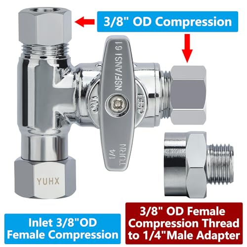 3/8" Compression Tee, 3/8 water line splitter for Dishwasher, Refrigerators | Brass Angle Stop Add-A-Tee Valve,Under Sink T Water Line Connector with Shut-Off for Second Faucet,3/8" x 3/8" x 3/8" or 1/4" - size: 3/8"x3/8"x3/8" or 1/4"