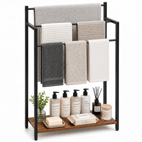24.8" W Freestanding Towel Rack with Rustic Brown Wood Shelf | 3 Tier Blanket Ladder Stand for Bathroom Living Room, Metal Frame - color: Rustic Brown, size: 31.5" H x 24.8" W x7.9 D