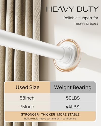 No-Twist Shower Curtain Rod by EZFurni, 42–82 Inch Heavy Duty Tension Rod with Lock-In Stability, No Drill, Spring-Loaded Non-Slip Secure Hold for Bathroom, Window, Closet, 1.26" Diameter, White - color: White, size: 42-82 Inches