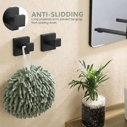 5-Piece Bathroom Hardware Set, 23.6 in Towel Bar, Matte Black | SUS304 stainless steel, 55 mm square bases, concealed screw mount, towel ring, toilet paper holder, 2 robe hooks - color: Matte Black