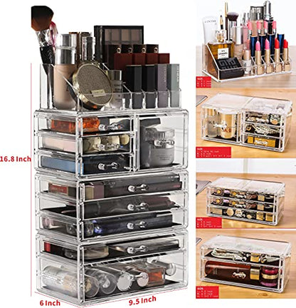 Cq acrylic 4 Pack Clear Make up Organizer Countertop,Stackable 9 Drawers Makeup Storage,Cute Vanity Organizers for dresser Hair Clip,Jewelry,Beauty Product Desk and Bathroom Organizers and Storage - style: Medium-9 drawers With Tray Top