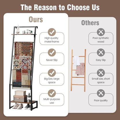 Nuoex Blanket Ladder with Shelf, 6 Layer Wall-Leaning Blanket Rack, Farmhouse Blanket Shelf for Storage and Home Decor, Freestanding Rack for Bathroom, Rustic Brown and Black
