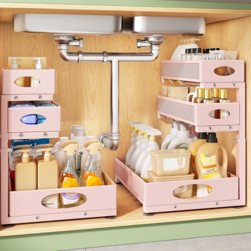 Kitstorack Under Sink Organizer 3-Tier Slide Out Drawer 2-Pack Pink | Height Adjustable, Metal Mesh Storage Rack, Pull out Cabinet Organizer Shelf for Bathroom Kitchen Pantry Home Organization - color: Pink, size: 2-Pack
