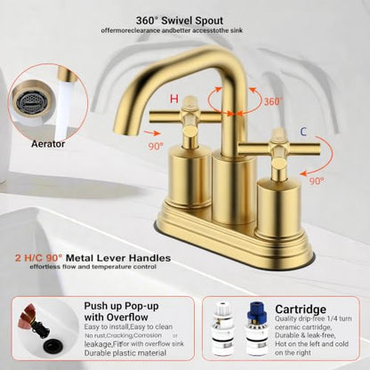 Two Handle Lavatory Faucet 4-inch Centerset Bathroom Sink Faucets with Drain Assembly for 3 Hole Sink Brushed Gold Finish DF-4303CCH-BG Duttao - color: Brushed Gold