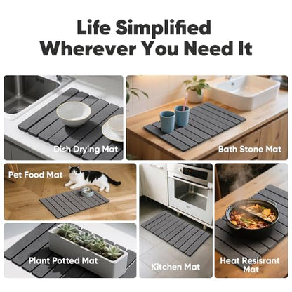 Stone Drying Mat for Kitchen Counter, Quick Diatomaceous Earth Mats for Dishes, 24"L x 16" W Super Absorbent Fast-Drying Collapsible Countertop Stone Mat (Dark Grey, 24" x 16") - color: Dark Gray