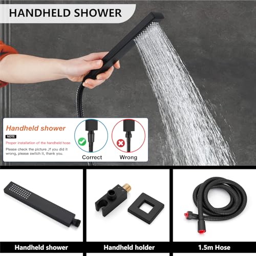 Midanya Shower Faucet Set with Handheld Sprayer,16 Inch,Matte Black | Rough-in Shower Valve and Trim Kit Included,Square Rain Head,Wall Mount Shower System,All Metal,Bathroom - color: Black, size: 16 Inch