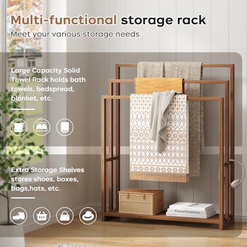 Standing Towel Rack for Bathroom, 39.4''H Bamboo Blanket Racks with Shelf | 31.5"W × 9.4"D × 39.4"H • Walnut • Waterproof • Blanket rack • Blanket holder • Ventilated • Bottom shelf • Anti-tip - color: Walnut