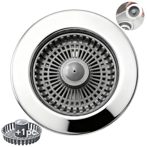 Solid Brass Body 3-in-1 Kitchen Sink Drain Strainer & Stopper, Heavy Duty Pop Up Plug Assembly with 2 Baskets, Anti-Clog Replacement for US Standard 3-1/2 Inch Drains, Rust-Proof Silver - color: Silver