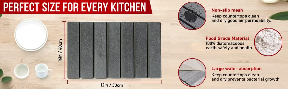 Super Absorbent Stone Dish Drying Mat – 16" x 12" Compact Fast-Drying Diatomite Mat for Countertops, Cups & Small Dish Loads - size: 16" x 12"