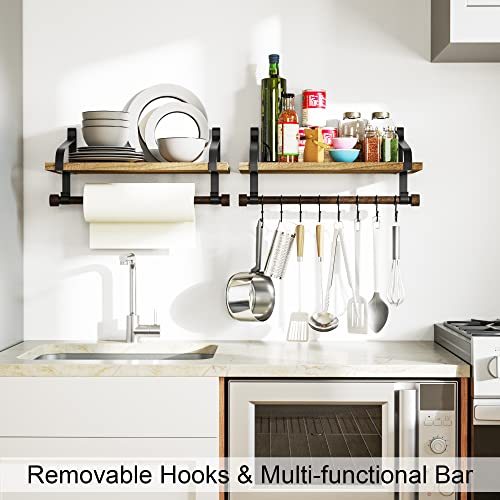Love-KANKEI 17.3"Floating Wall Shelf Solid Wood,Coffee Bar Carbonized Black | Spice Rack,Towel Bar/8 Hooks,40 Lbs/shelf,Easy to Install,For Kitchen,Bathroom,Living Room,Bedroom,Office,Entryway Display - color: Carbonized Black