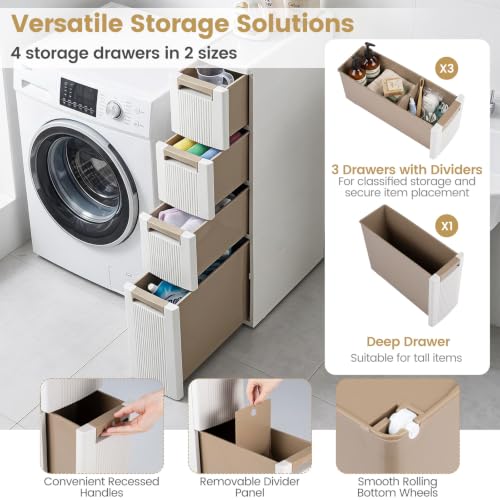 Byroce 4-Tier Narrow Storage Cabinet with Wheels, Slim Rolling Plastic Drawer Organizer with Removable Dividers, Skinny Storage Cart for Small Spaces, Bathroom & Kitchen (1PC, 4-Drawer), Beige - size: 4-Drawer