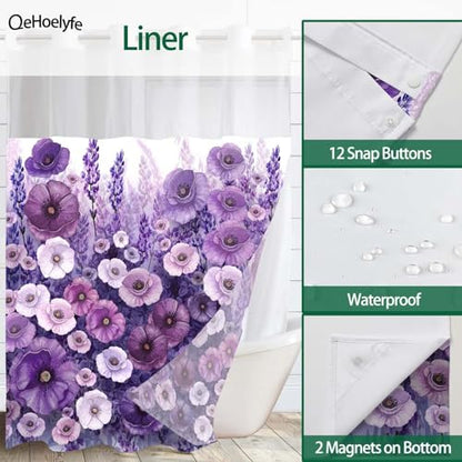 Purple Floral No Hook Shower Curtain with Snap in Liner- Elegant Flowers Oil Painting Shower Curtains for Bathroom- Fabric Inner Liner, Boho Bath Curtains- Machine Washable, 71 x 74 - color: Purple Floral