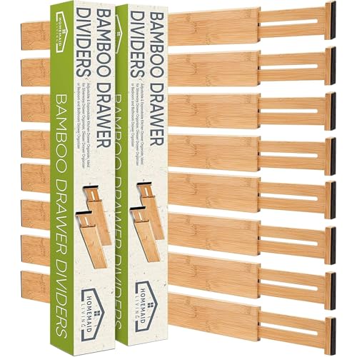 Bamboo Drawer Dividers Adjustable & Expandable, Kitchen Drawer Organizer, Ideal for Silverware, Dresser Drawers Organizer or Bedroom & Bathroom Drawers Organizers (8pk)
