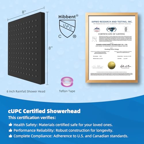 Hibbent cUPC Certified Thickness Metal 8'' Rain Shower Head, Matte Black | High Pressure Shower Head, Bathroom Waterfall Shower Heads, High Flow Fixed Showerheads with Adjustable Brass Ball Joint - color: Matte Black, style: Square 8''