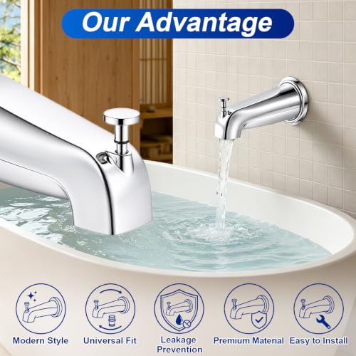 Universal Polished Chrome Tub Spout with Diverter, Metal Cover and Adapter | Pull Down Bathroom Tub Faucet Replacement, for 1/2" Copper Pipe, 1/2" IPS & 3/4" IPS threaded, Bathtub Spout with Hex Wrench - color: Chrome