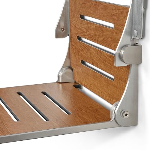 Seachrome Silhouette Comfort Folding Wall Mount Shower Bench Seat with Arms, Rustic Teak Seat with Silver Frame - color: Rustic Teak With Silver Frame