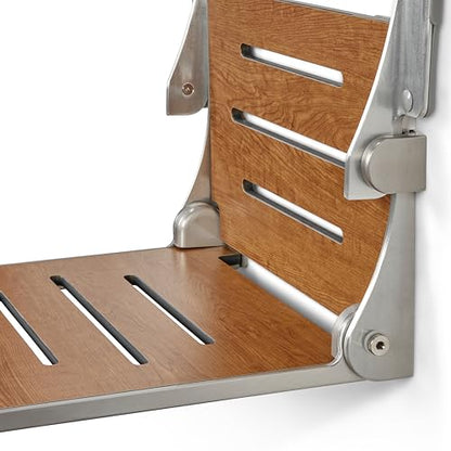 Seachrome Silhouette Comfort Folding Wall Mount Shower Bench Seat with Arms, Rustic Teak Seat with Silver Frame - color: Rustic Teak With Silver Frame