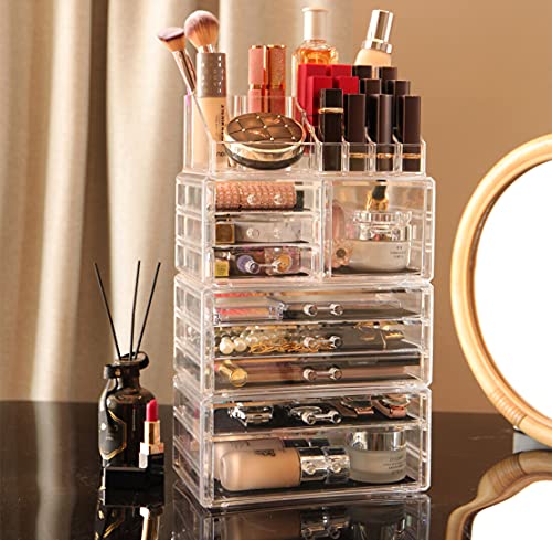 Cq acrylic 4 Pack Clear Make up Organizer Countertop,Stackable 9 Drawers Makeup Storage,Cute Vanity Organizers for dresser Hair Clip,Jewelry,Beauty Product Desk and Bathroom Organizers and Storage - style: Medium-9 drawers With Tray Top