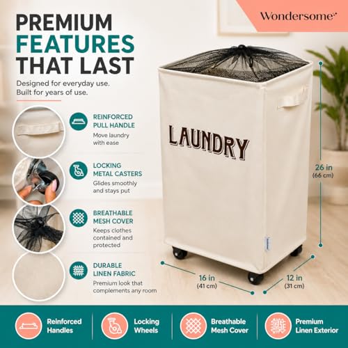 Wondersome Laundry Hamper with Wheels - Farmhouse Cream - 90-Liter Extra Large Collapsible Rolling Clothes Cart - Heavy Duty Locking Metal Wheel Tall Rectangular Canvas Storage Basket - US-Based Brand