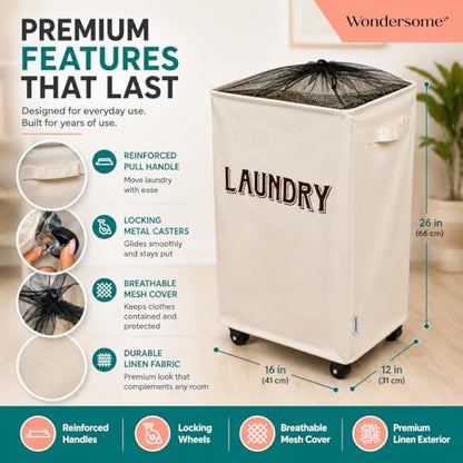Wondersome Laundry Hamper with Wheels - Farmhouse Cream - 90-Liter Extra Large Collapsible Rolling Clothes Cart - Heavy Duty Locking Metal Wheel Tall Rectangular Canvas Storage Basket - US-Based Brand