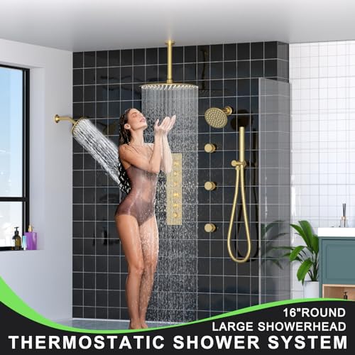 HOMEDEC 16" Round Rain Shower System with Dual 6" Wall Shower Head, 5 Way Shower Valve with 2-Function Handheld Shower and Massage Jets, Brushed Gold - color: Brushed Gold, style: 5-Way + 2x 6" Top