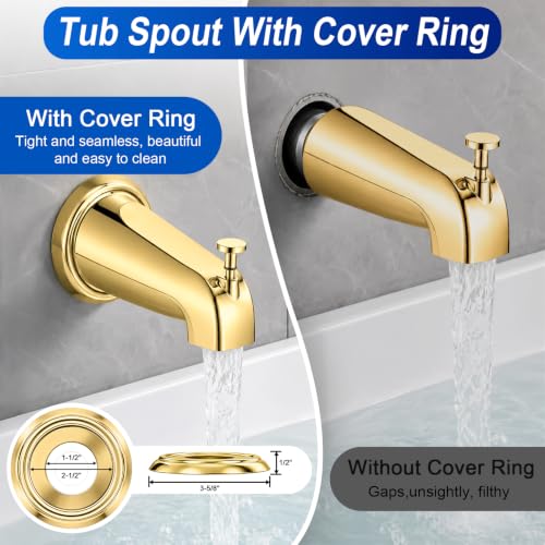 Universal Polished Gold Tub Spout with Diverter, Metal Cover and Adapter | Pull Down Bathroom Tub Faucet Replacement, for 1/2" Copper Pipe, 1/2" IPS & 3/4" IPS threaded, Bathtub Spout with Hex Wrench - color: Gold