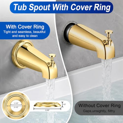 Universal Polished Gold Tub Spout with Diverter, Metal Cover and Adapter | Pull Down Bathroom Tub Faucet Replacement, for 1/2" Copper Pipe, 1/2" IPS & 3/4" IPS threaded, Bathtub Spout with Hex Wrench - color: Gold