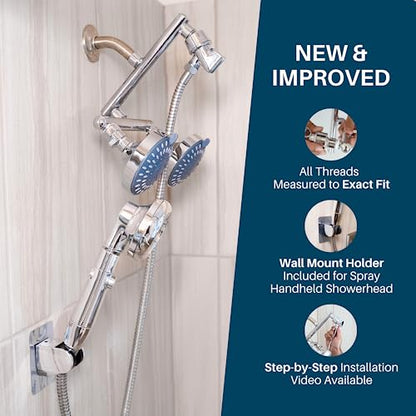 High Pressure Double Shower Heads with Handheld Spray. Adjustable Ball Joint and Detachable Head with Pressure Control Valves for an Enjoyable Spa Bathing Experience.