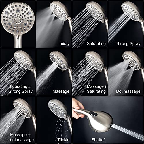 High Pressure Handheld Shower Head, 10-Setting Showerhead, 4.7”Detachable Showerhead Set with 5ft Hose, Adjustable Bracket and Built-in Power Wash to Clean Tub, Tile & Pets - Brush Nickel - color: Brush Nickel