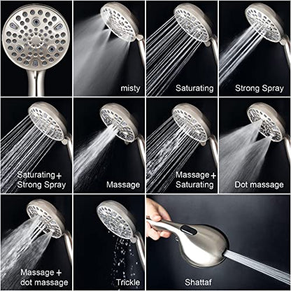 High Pressure Handheld Shower Head, 10-Setting Showerhead, 4.7”Detachable Showerhead Set with 5ft Hose, Adjustable Bracket and Built-in Power Wash to Clean Tub, Tile & Pets - Brush Nickel - color: Brush Nickel