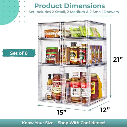 Sorbus Stackable Clear Storage Drawers, 6 Pack (2 Large + 2 Medium + 2 Small) Pull-Out Organizer Bins – Plastic Drawer Organizers for Bathroom, Vanity, Makeup, Under Sink & Countertop Organization - size: 2 Large + 2 Medium + 2 Small