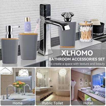 Grey Bathroom Accessories Set with Trash Can 9 Piece Grey Bathroom Decor Toothbrush Holder,Toothbrush Cup,Lotion Soap Dispenser,Vanity Tray,Soap Dish,Toilet Brush,Qtip Holder - size: Bath Set, style: Grey