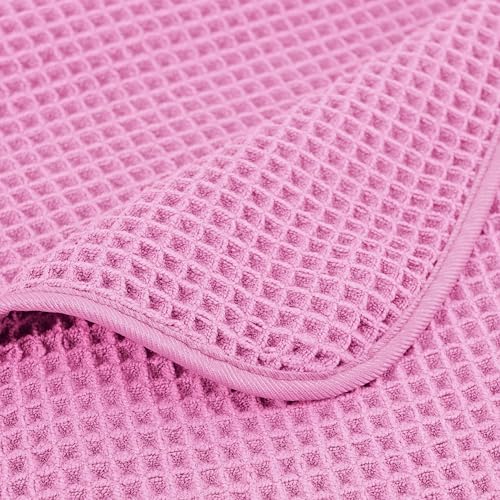 POLYTE 430 GSM Poly Blend Microfiber Quick Dry Waffle Bath Towel Set of 6 | 2-Body Towels, 2-Hand Towels, 2-Wash cloths, Oversize, Lint Free - color: Pink