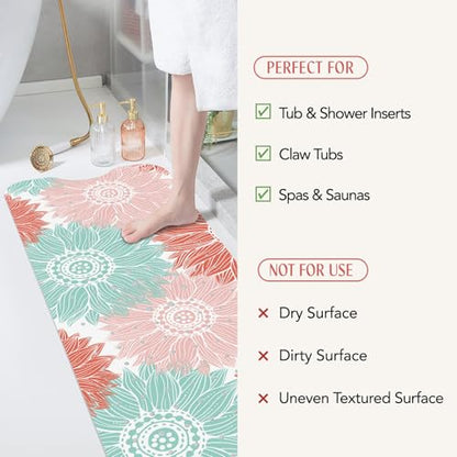 SHUCHING Bath Mat for Tub Non Slip-40x16 Inch, Green and Pink Flower | Bathtub Mat for Elderly Mold Free, Long Shower Mat for Inside Shower with Suction Cup, Machine Washable - color: Abstract Sunflower