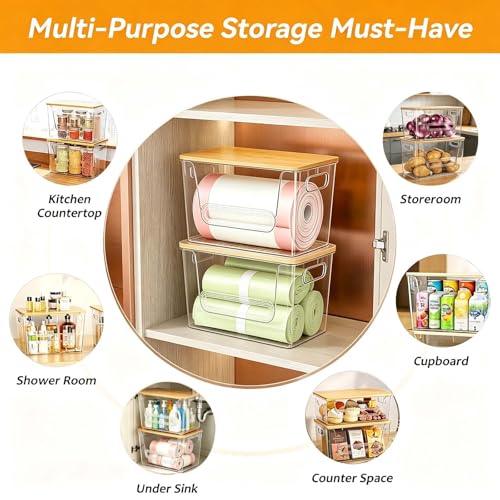 2-Pack Trash Bag Holder Dispenser with Bamboo Lid | Stackable Dispenser, Clear Plastic Organizer for Under Sink, Kitchen, Pantry, Laundry Room, Fits 13, 30, 33 Gallon Bags - size: 2 Pack